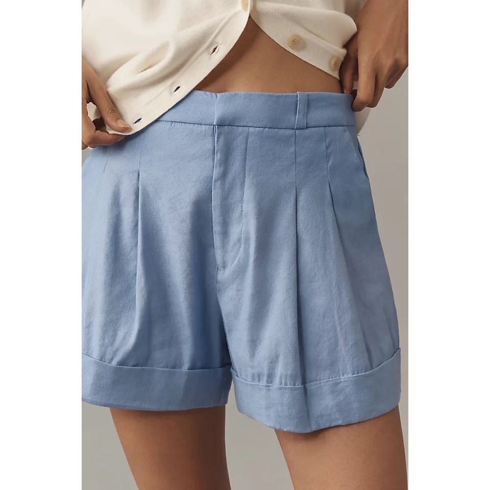 Maeve Anthropologie Avery European Linen Stretch Roll Cuff Shorts Blue Pleated 2